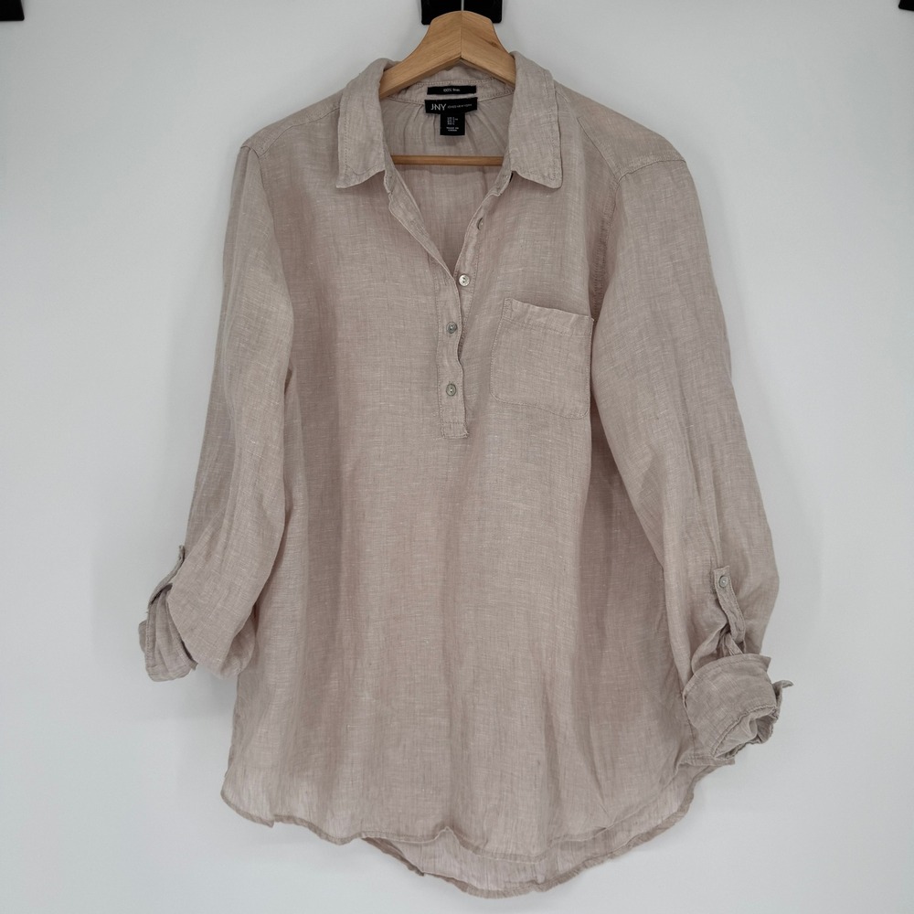 Jones New York 100% Linen Henley Shirt Sz L Tunic Coastal Grandma Tan Breathable